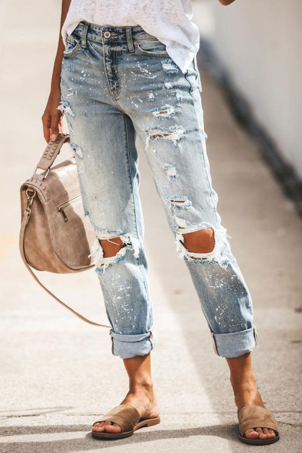 Fashion Street Solid Ripped Loose Denim Jeans